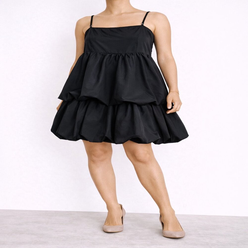 Tiered‎ Bubble Hem Mini Womens Large Black Babydoll Party Strappy Dress